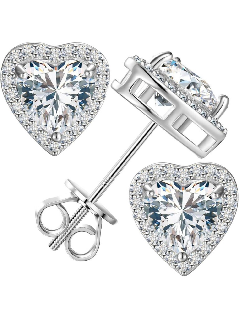Elegant Moissanite Heart Stud Earrings, 18K White Gold Plated, Screw Back